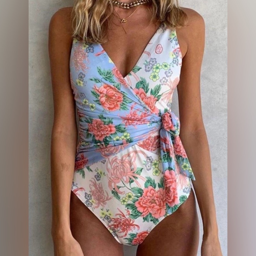 HAH Free People Blue and Pink Floral One Piece Swimsuit EC